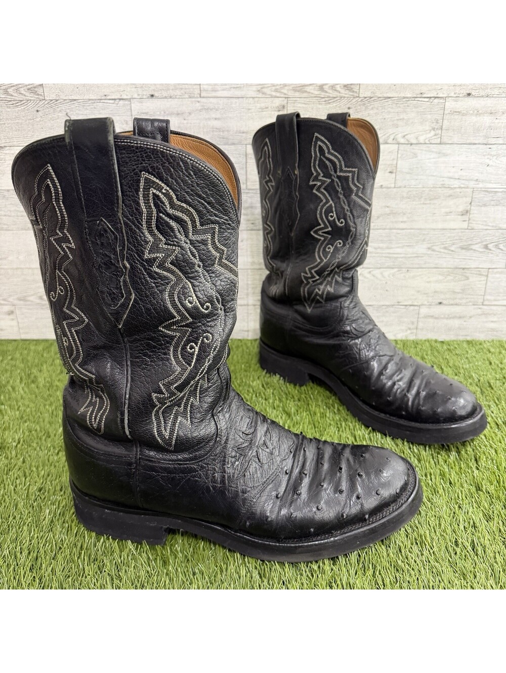 Vintage Black Ostrich Full Quill Lucchese 2000 Roper Cowboy Boots Men’s Size 10D